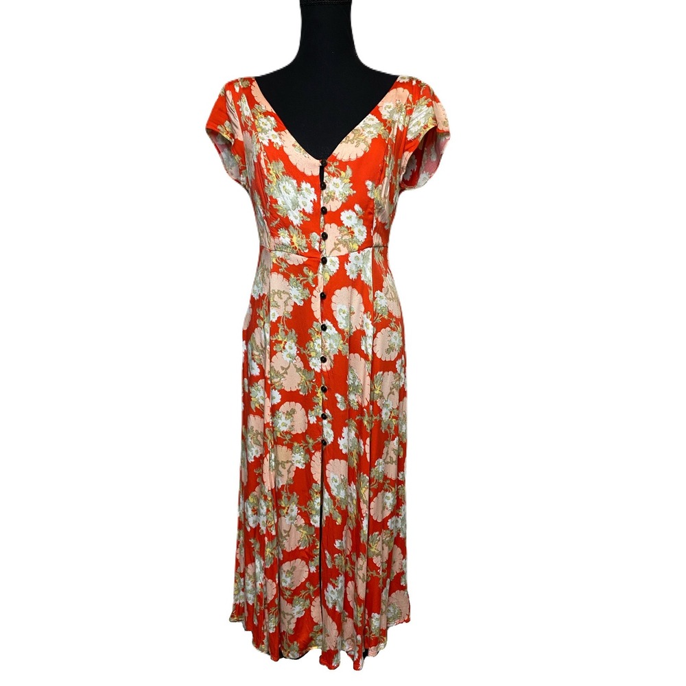 Urban Outfitters Malena Button-Down Midi Dress Red Floral Print Women's S Boho